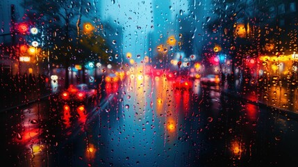 Rainy City Street Through Wet Glass