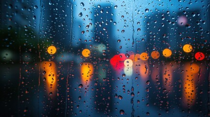 Rainy Night View Through a Window with Water Droplets