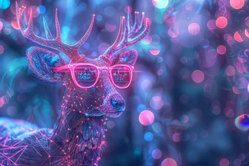 Fototapeten Colorful digital artwork of a stag with luminous outline and neon pink glasses against a bokeh background © Nikola