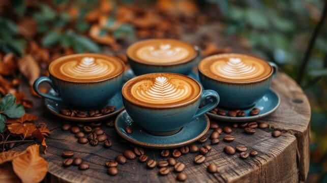 Four Cups of Cappuccino with Latte Art on Wooden Table © Viktor