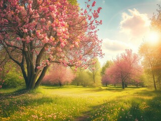 Beautiful spring landscape. Blooming trees on the meadow with flowers and green grass at sunny day