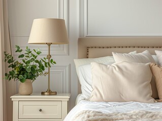 
Bedroom interior, nightstand with lamp and home plant near bed. Close up shot of bed headboard with pillows and bedside table. Apartment in scandinavian style