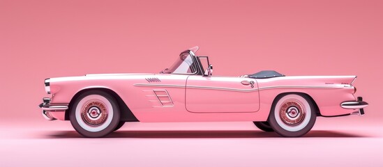 3D rendering a pink convertible car on plastic cartoon style pink background. AI generated image