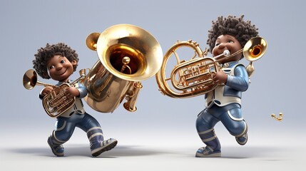 D Characters Performing on Euphoniums cute face - obrazy, fototapety, plakaty