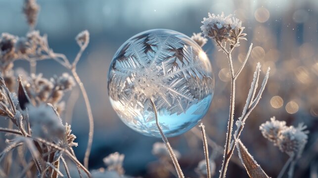  a glass ball sitting on top of a plant covered in ice and snow covered plants and snowflakes are in the foreground and a blurry background of the image.