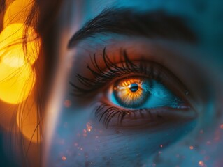 Fototapeta premium Close up focus on the eye of a young woman looking straight ahead in lights effects, having a clairvoyant vision, a mystical emotion, a spiritual feeling