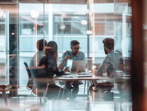 Corporate people working together in the conference room of their office, sharing idea and planning the business strategy of their company - Teamwork and brainstorming abstract concept