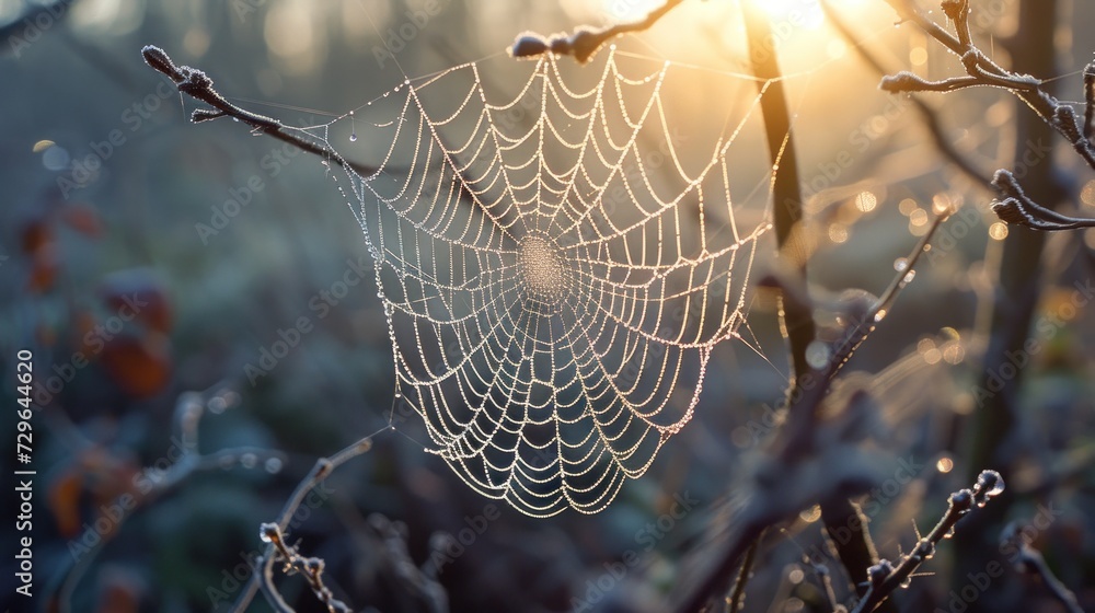 Wall mural a close up of a spider web on a tree with the sun shining through the branches and the water droplet