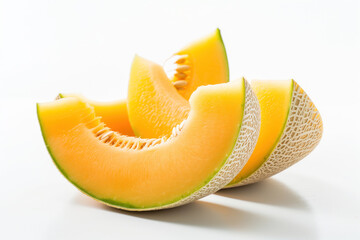 An image featuring juicy, ripe cantaloupe melon slices, beautifully arranged on a pristine white background. The natural light enhances the vibrant orange color