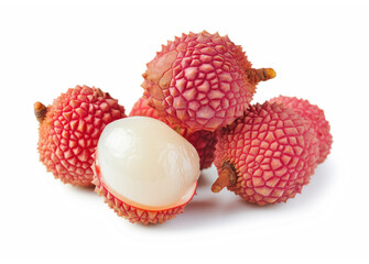 A close-up image showcasing a group of fresh, ripe lychee fruits, with one peeled revealing the juicy white flesh, isolated on a white background