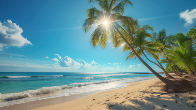 A breathtaking view of a pristine beach with azure waves gently kissing the golden sands, under the gaze of lush palm trees and a radiant sun.
