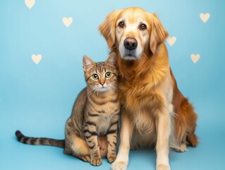 Dog and cat sitting together looking at camera. Pets posing. Friendship between dog and cat