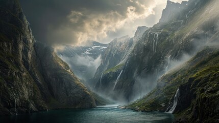  a river flowing through a lush green valley under a cloudy sky with mountains in the backgrouds and a waterfall in the middle of the river surrounded by lush green grass.