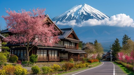 green countryside with blooming cherry blossoms with traditional Japanese village at Mount Fuji area.
