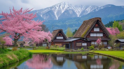 Fototapeta na wymiar blooming pink cherry blossom trees and traditional japanese house style at countryside of Japan.