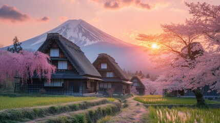 green countryside with blooming cherry blossoms with traditional Japanese village at Mount Fuji...