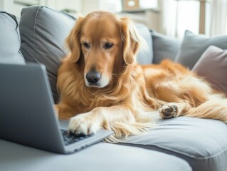 Funny cute dogs lying on the sofa at home and using the laptop, pets and technology concept