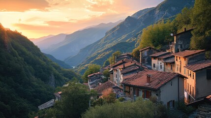  a group of buildings sitting on the side of a mountain next to a lush green forest under a colorful sky with a sun setting over the mountains in the distance.