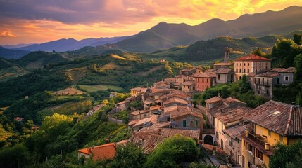 Obraz premium a village with mountains in the background and a sunset in the middle of the picture with clouds in the sky and a few buildings in the foreground with mountains in the foreground.