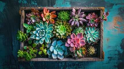  a bunch of succulents are in a wooden box on a blue painted wooden surface with a green pattered wall behind them and a blue wall behind them.