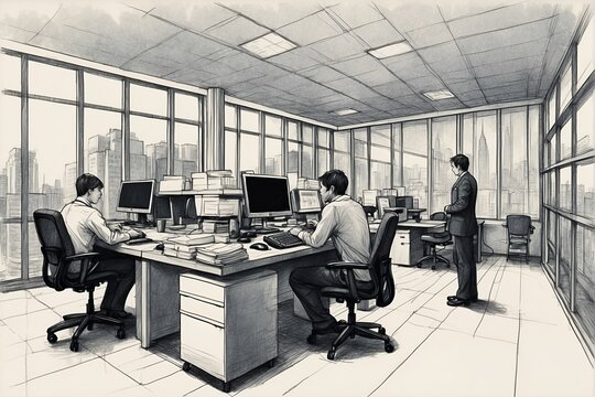 Black and White Drawing of People Working at Computers. Generative AI.