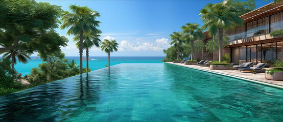 Swimming pool next to palm trees and tropical trees