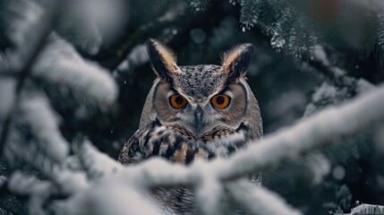  a close up of an owl sitting in a tree with snow on it's branches and looking at the camera with an orange - eyed, wide - eyed