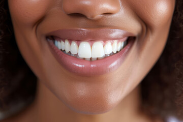 African woman face with wide grin perfect clean teeth. Healthy smile. Generative AI