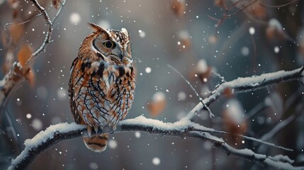  an owl sitting on top of a tree branch in a snowy forest with snow falling down on the branches and the owl is looking to the right of the camera.