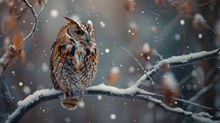 Photo sur Plexiglas Dessins animés de hibou  an owl sitting on top of a tree branch in a snowy forest with snow falling down on the branches and the owl is looking to the right of the camera.
