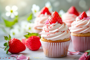 Strawberry cupcakes with cream cheese frosting. Generative AI