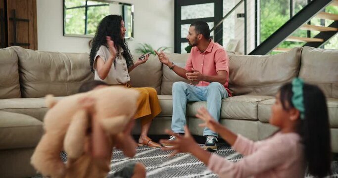 Mother, father and argument by children in home, trouble and anger for cellphone message or cheating. Kids, playing or fight game by parents in marriage crisis or toxic behaviour in living room