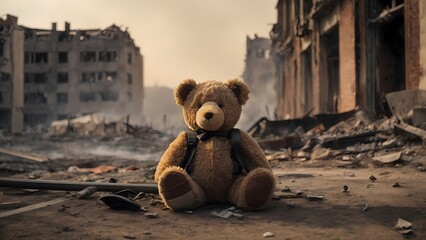 teddy bear toy over city burned destruction of an aftermath war conflict, generative ai