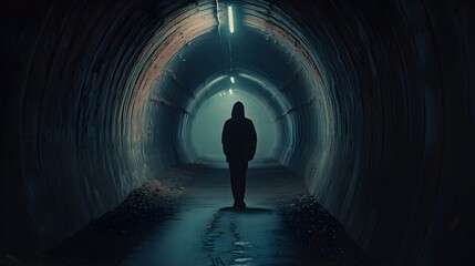 Journey Through Darkness: Solitary Walk in Tunnel, Ultra-Realistic 8K | Captured with Mirrorless Camera Prime Lens, Illuminating Endless Path in Dim Light