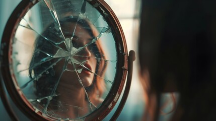 Reflections of Turmoil: Person Gazing at Cracked Mirror in Ultra-Realistic 8K | Captured with Smartphone Macro Lens, Portraying Distorted Self-Perception and Broken Reflections Amid Inner Turmoil