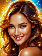 Digital painting of beautiful woman with blue eyes and blonde hair smiling at the camera.
