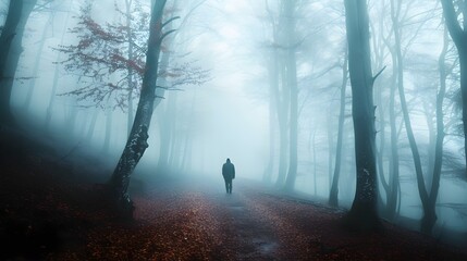 Wandering Through Mental Fog: Person in Foggy Forest in Ultra-Realistic 8K | Captured with Smartphone Wide-Angle Lens, Reflecting Uncertainty and Being Lost in Thought While Navigating the Mental Fog