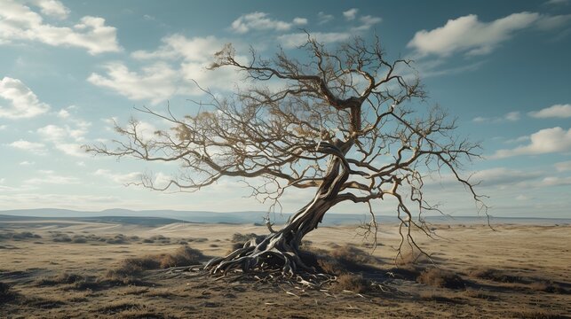 Desolate Despair: Wilted Tree in Barren Landscape, Ultra-Realistic 8K | Filmed with Film Camera Zoom Lens, Symbolizing Hopelessness and Despair