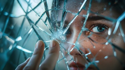 Reflections of Turmoil: Person Gazing at Cracked Mirror in Ultra-Realistic 8K | Captured with Smartphone Macro Lens, Portraying Distorted Self-Perception and Broken Reflections Amid Inner Turmoil