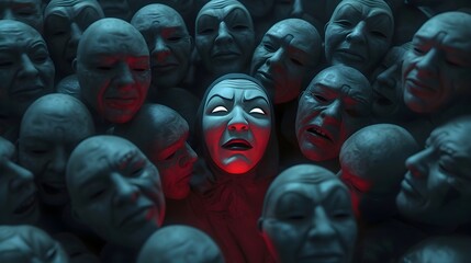 Masked Reality: Person Amidst Sad Faces Wearing Happy Mask, Ultra-Realistic 8K | Captured with DSLR Wide-Angle Lens, Portraying Concealed Emotions and Hidden True Feelings