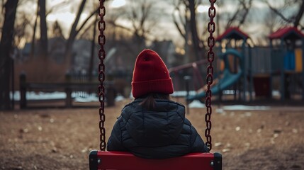 Solitude on Swing: Lonely Figure in Empty Playground, Ultra-Realistic 8K | Captured with Mirrorless Prime Lens, Expressing Isolation and Loneliness in Familiar Surroundings