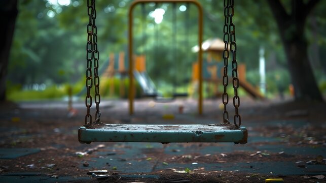 Vintage Playground: Nostalgic Empty Swing & Forgotten Toys in Silent Atmosphere | Ultra-Realistic 8K Film Camera Photography Captures Childhood Depression