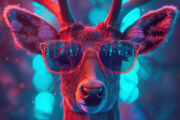 A bespectacled deer peers through its horn-rimmed glasses, adding a touch of intellect to its majestic mammalian appearance. Futuristic modern concept. Party time.