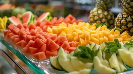  a close up of a tray of fruit with pineapple, melon, and watermelon slices on the other side of the tray is a pineapple and a pineapple on the other side.