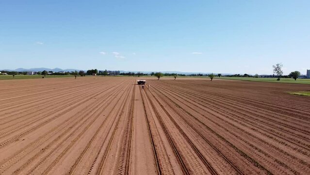 Planting tomatoes in the field from above the drone - Po Valley - Alessandria - Piedmont - Italy