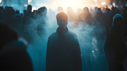 Invisible Amongst Many: Person with Transparent Silhouette in Ultra-Realistic 8K | Captured with Smartphone Macro Lens, Portraying Feelings of Invisibility and Alienation in a Crowd - obrazy, fototapety, plakaty