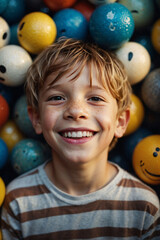 Retrato de un niño alegre entre bolas de bowling que exalta la alegría de la niñez y la infancia - obrazy, fototapety, plakaty