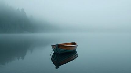 Solitude Serenity: Lone Boat Amidst Misty Waters in Ultra-Realistic 8K | Captured with DSLR Telephoto Lens, Reflecting Inner Turmoil - obrazy, fototapety, plakaty