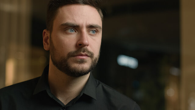 Male portrait concentrated Caucasian man adult businessman look aside think thoughts solve business problem looking distance search watching thoughtful pensive entrepreneur thinking in company office