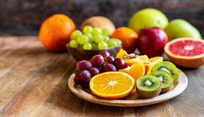 Sliced fresh fruits on wooden serving board
